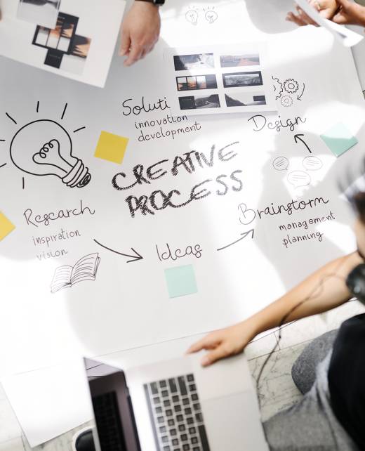 Business people brainstorming management process on paper
